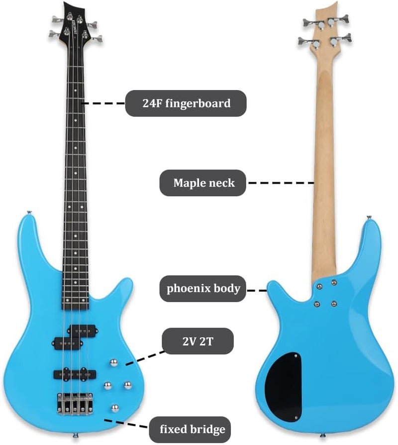 demusea electric bass guitar full size standard 4strings glossy blue 34inch scale length 24frets maple neck phoenix body fixed bridge 2V 2T control for beginner starter practice party show (BL-YIB30) - Image 2
